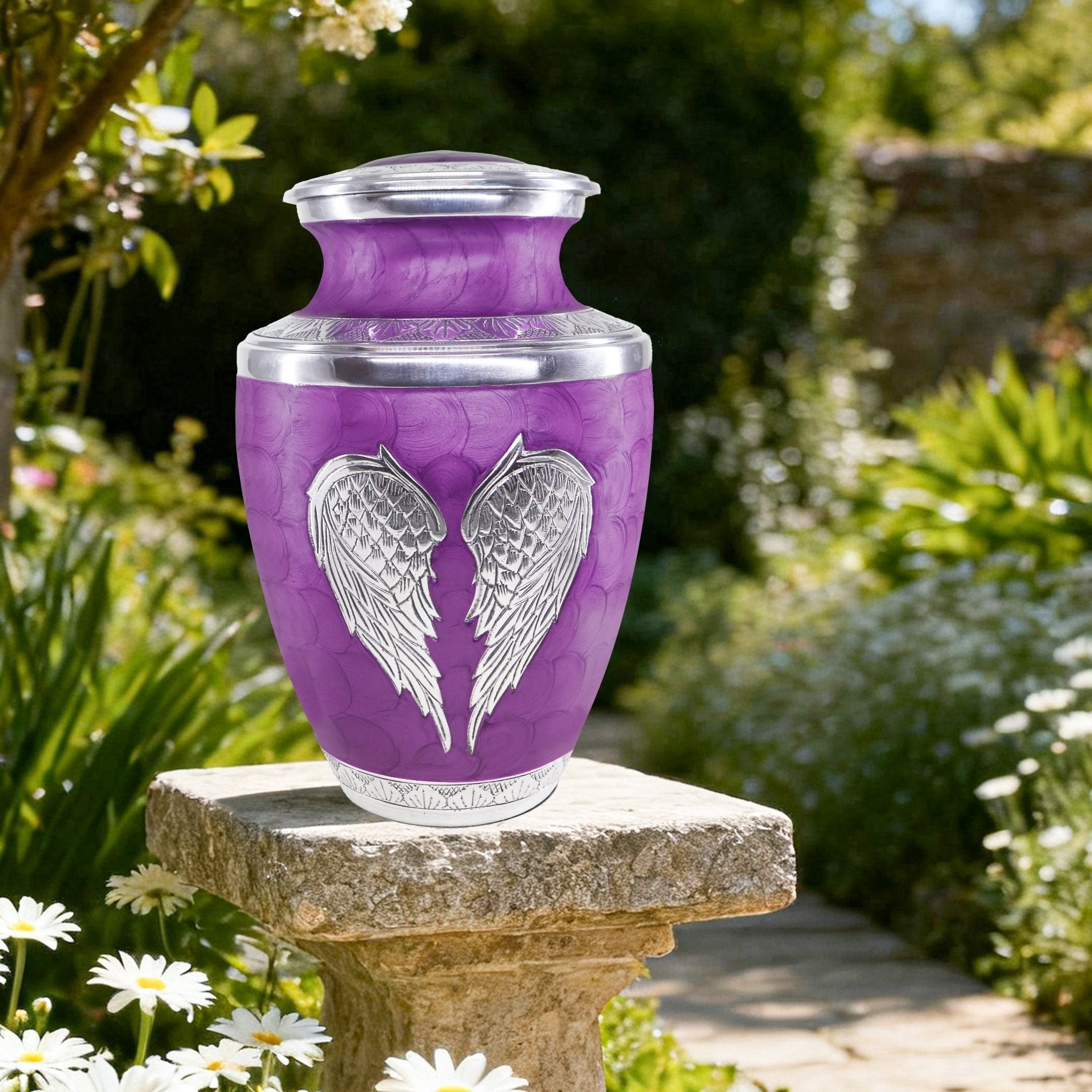 Serene purple finely engraved angel wing cremation urns for human ashes for parents, outdoor garden burial urn