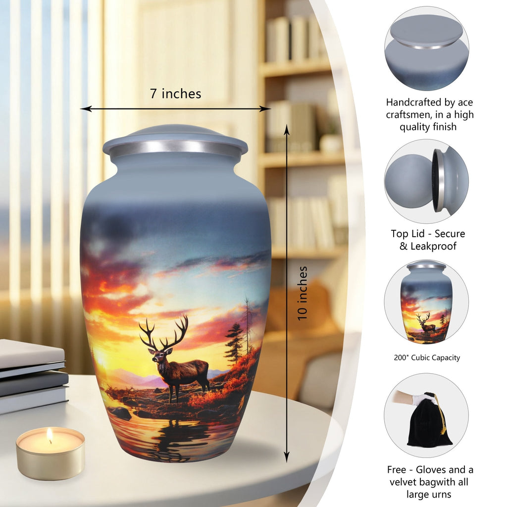 Cremation urns showcasing a woodland stag beneath glowing skies, finished with a secure threaded lid