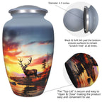 Decorative urns displaying engraved details, screw top and peaceful wildlife artwork built to endure