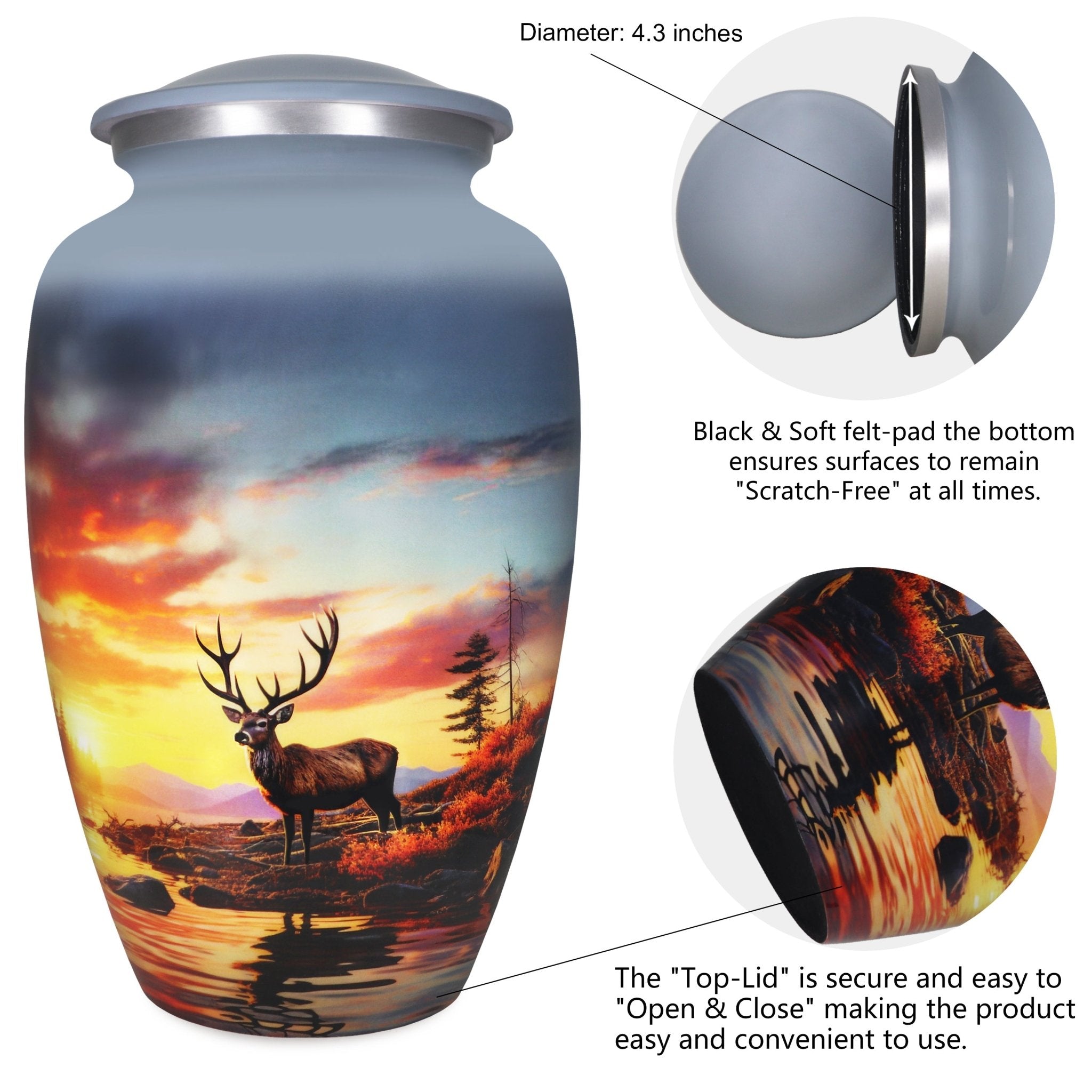 Decorative urns displaying engraved details, screw top and peaceful wildlife artwork built to endure