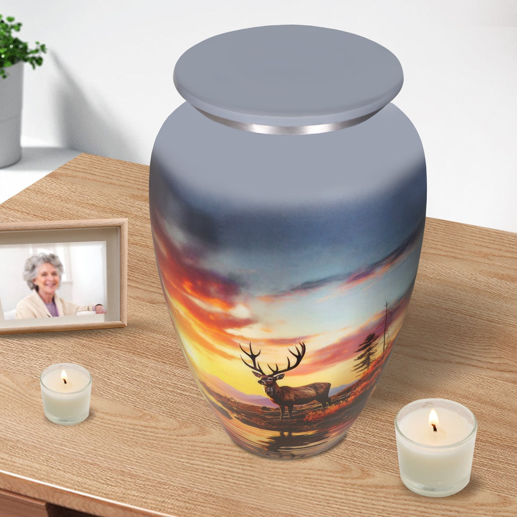 Funeral urn resting beside candles, serene deer landscape remembering a cherished wife with warmth