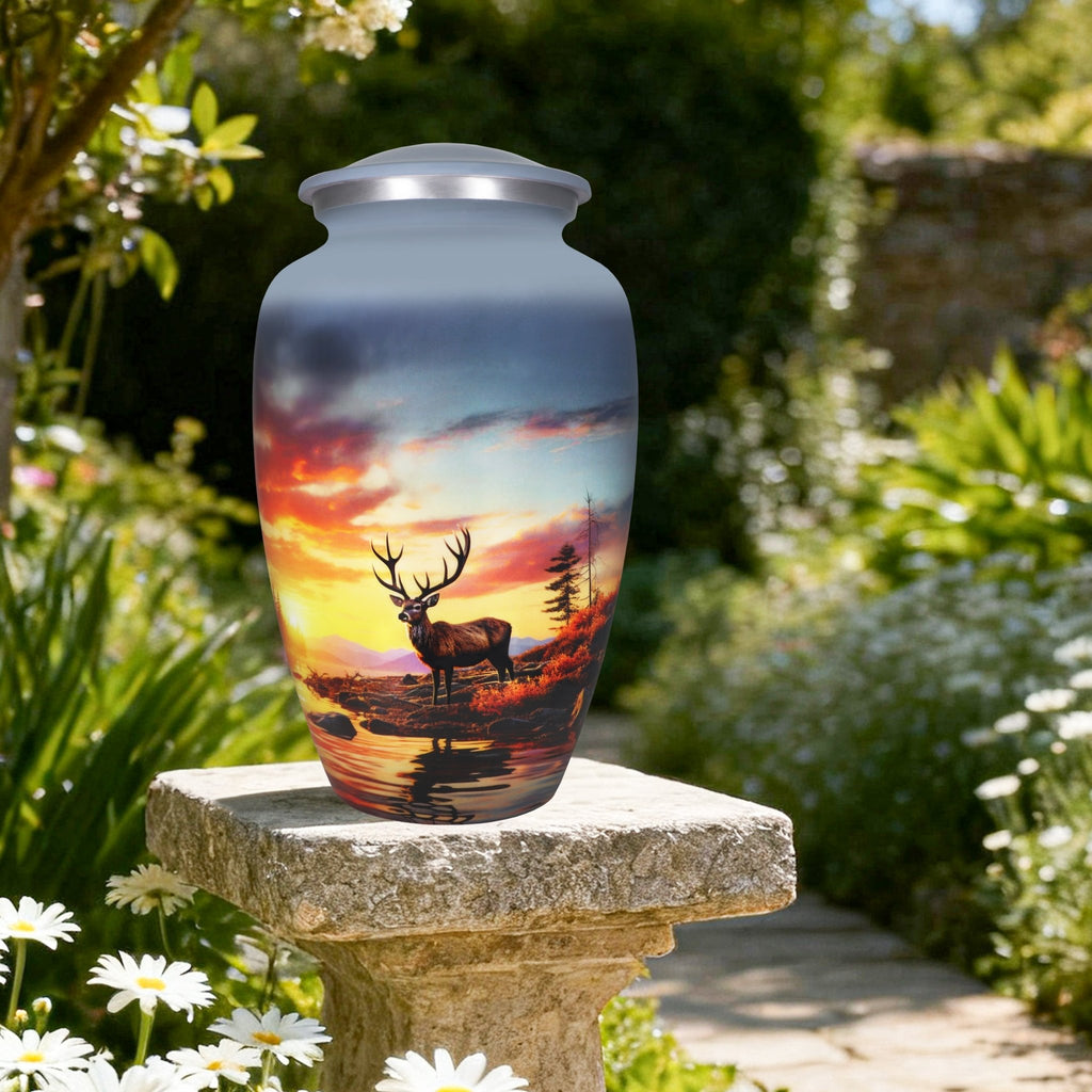 Burial urns placed among garden blooms, capturing a tranquil sunset for a treasured loved one