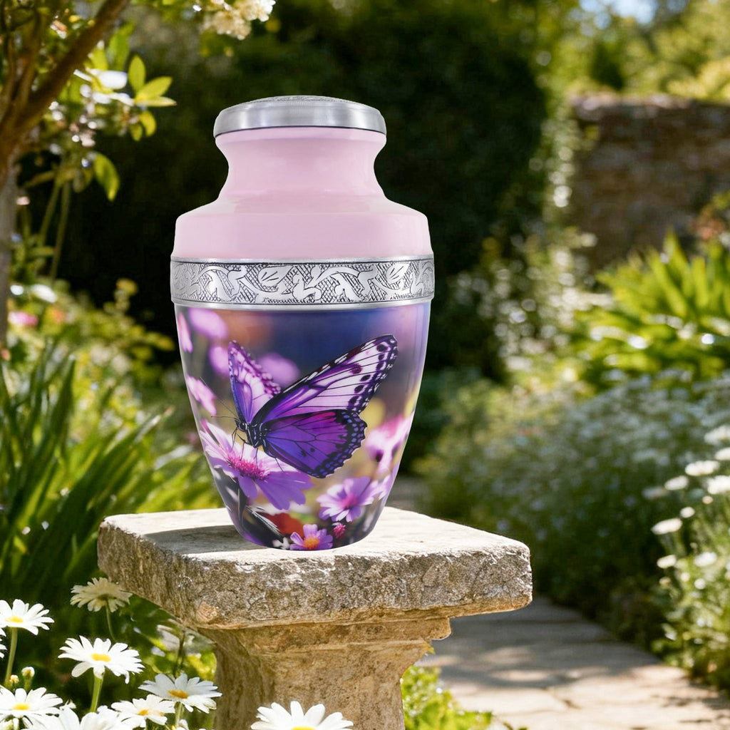 Burial urns with purple butterflies resting in a peaceful garden, honoring a cherished husband with dignity
