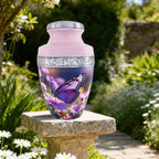 Burial urns with purple butterflies resting in a peaceful garden, honoring a cherished husband with dignity