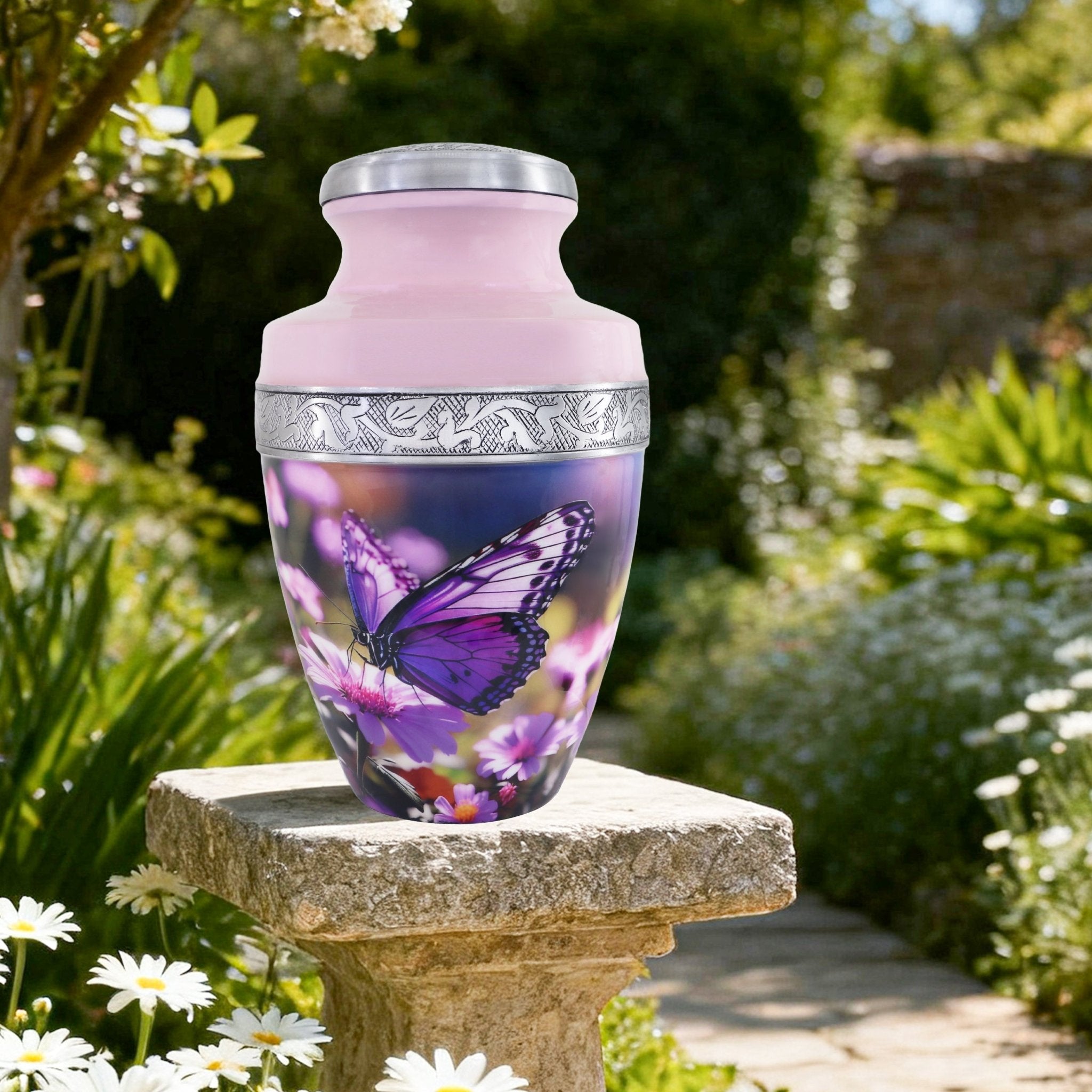 Burial urns with purple butterflies resting in a peaceful garden, honoring a cherished husband with dignity