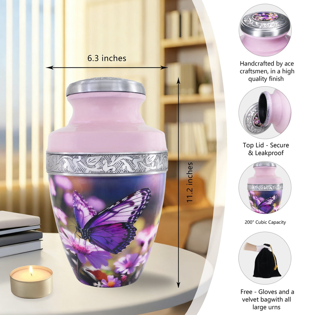 Purple cremation urns for human ashes featuring hand engraved trim, secure screw top and winged floral design