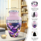 Purple cremation urns for human ashes featuring hand engraved trim, secure screw top and winged floral design