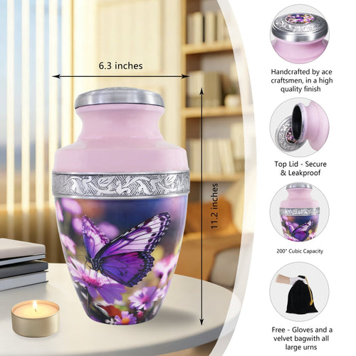 Purple cremation urns for human ashes featuring hand engraved trim, secure screw top and winged floral design