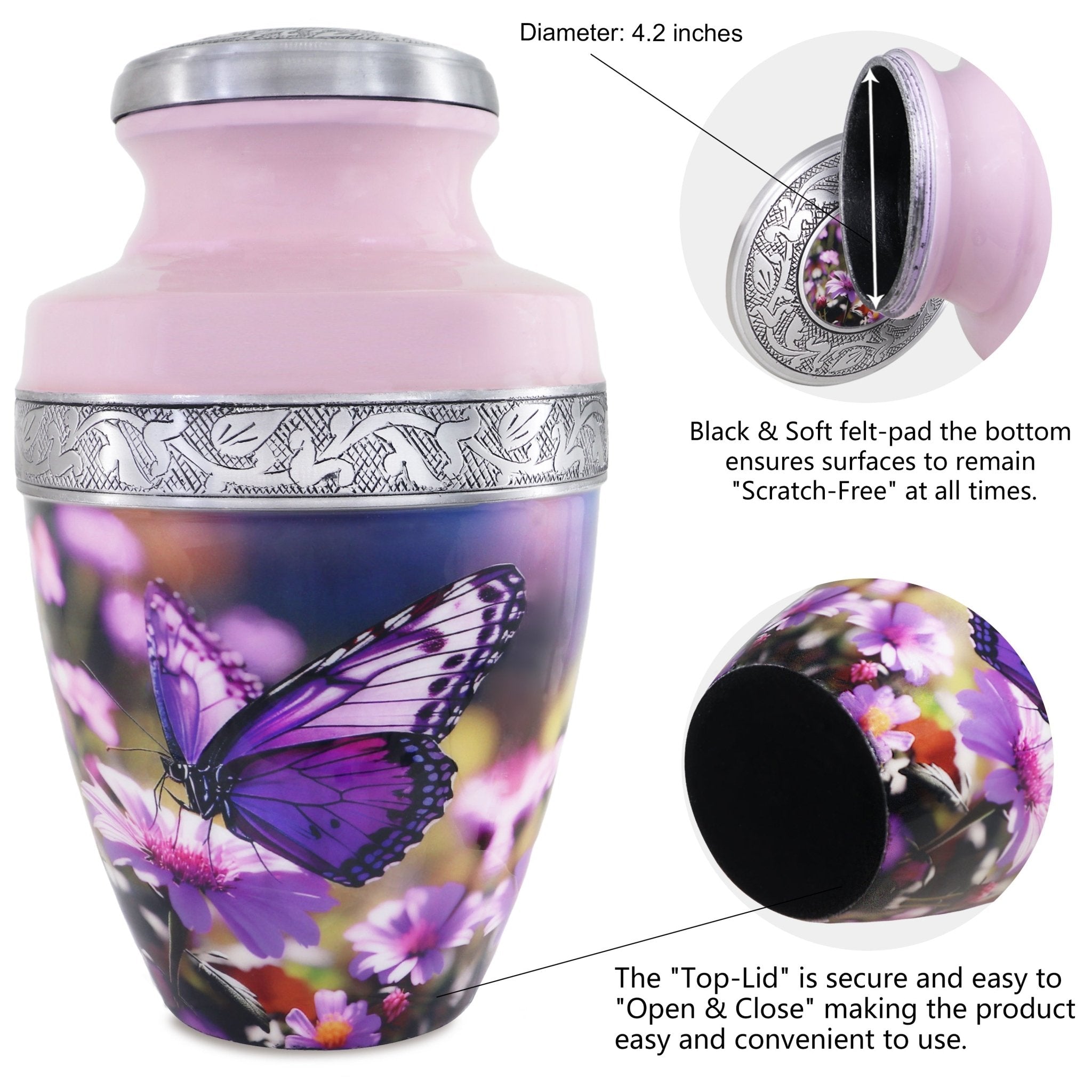 Funeral urn with threaded closure, handcrafted aluminum finish and violet butterfly artwork for lasting remembrance