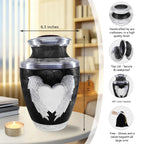 Full size black intricate angel & heart engraving cremation urns for adults, honoring beloved spouse with dimension chart