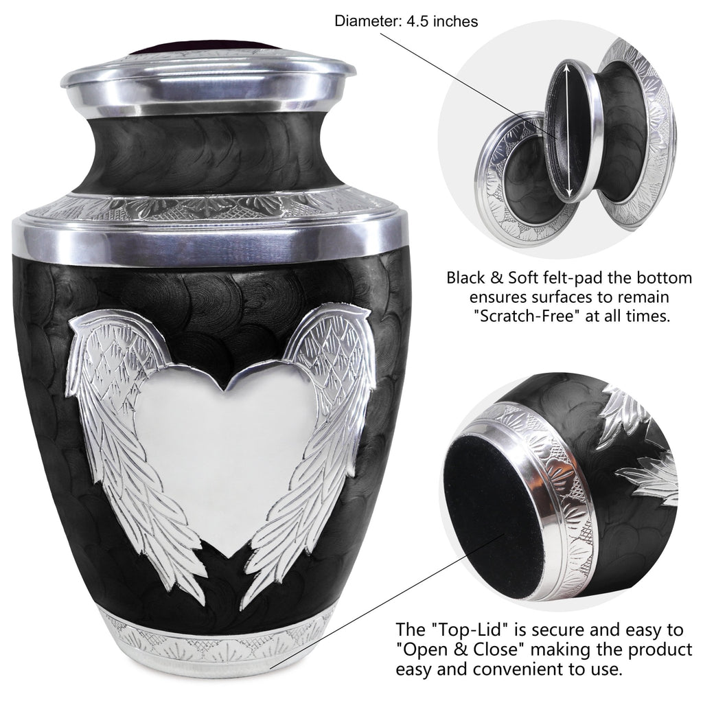 Detailed view of ashes in an urn for dad, black precision-cut angel & heart aluminum piece with secure seal