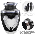 Detailed view of ashes in an urn for dad, black precision-cut angel & heart aluminum piece with secure seal
