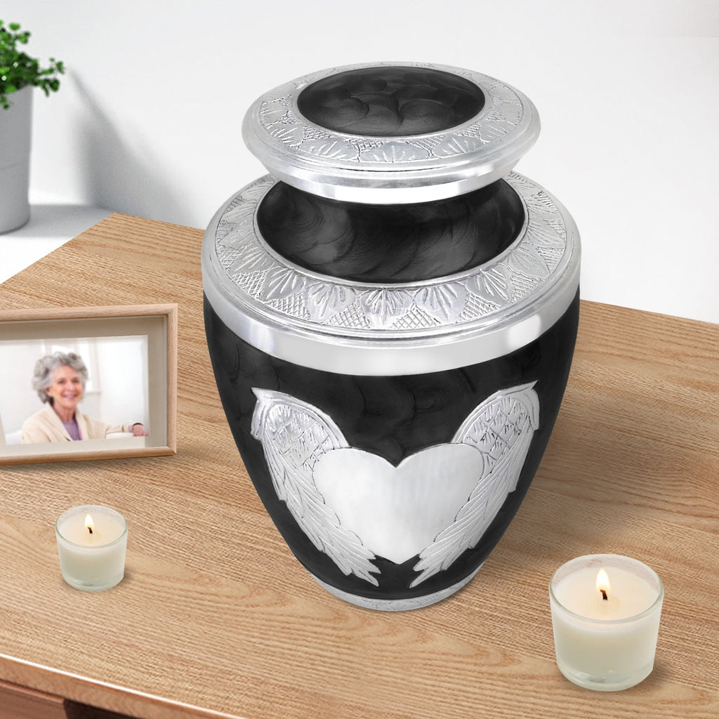 Classic black angel & heart urns for cremation ashes adult honoring mom, tabletop home memorial decor