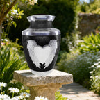 Serene black heart & angel cremation urns for human ashes honoring parents, outdoor garden memorial decor