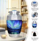Full-size urn for human ashes with Aurora Borealis artwork, 200 cu in capacity, size guide and memorial accessories