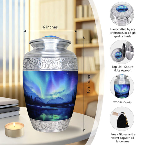 Full-size urn for human ashes with Aurora Borealis artwork, 200 cu in capacity, size guide and memorial accessories