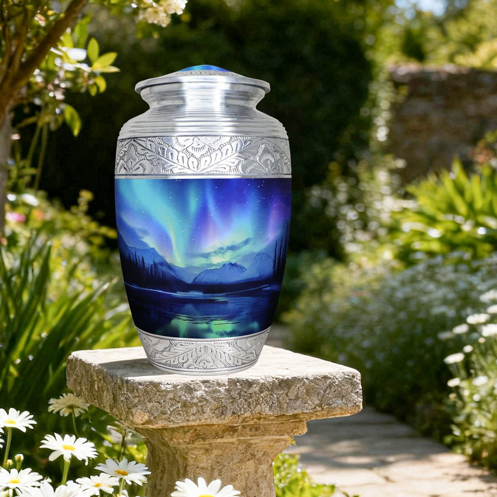 Northern Lights burial urn displayed outdoors on a garden stone among green foliage for peaceful remembrance
