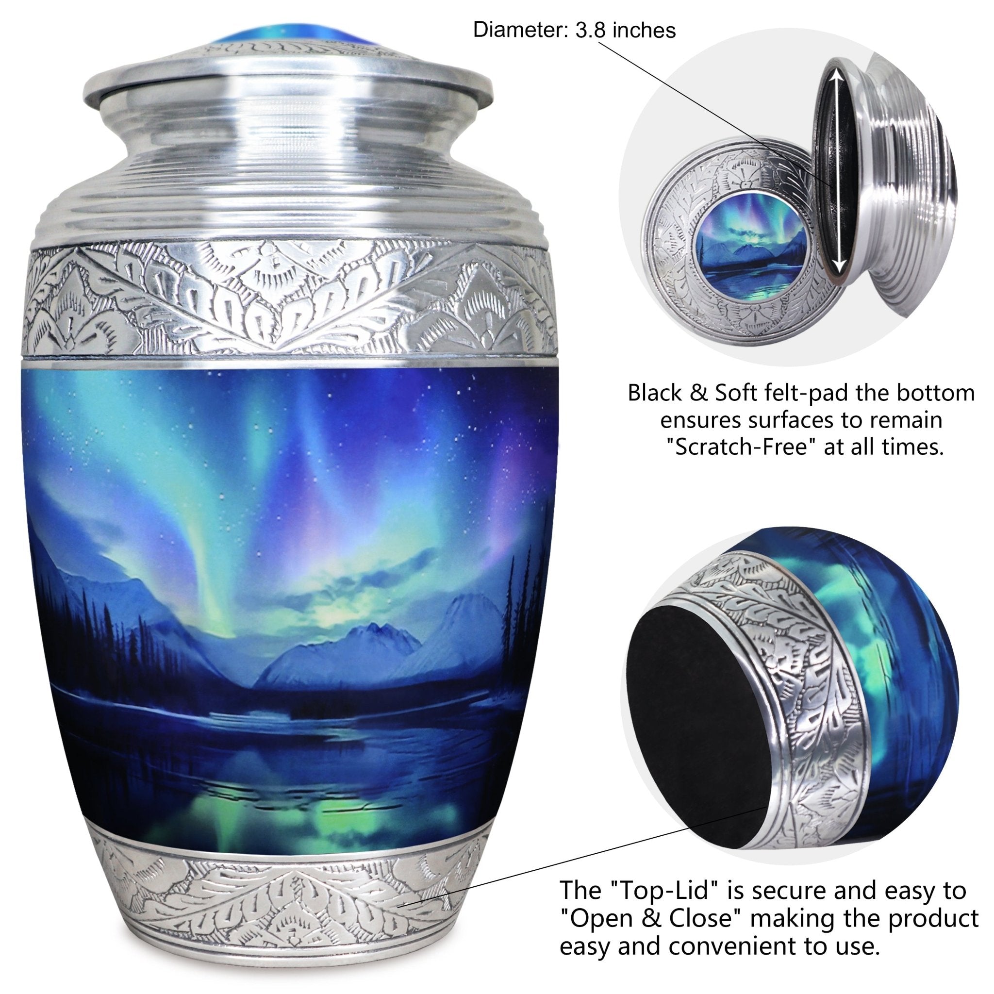 Metal cremation urn with turquoise Aurora Borealis artwork and secure threaded lid shown in detailed close-up