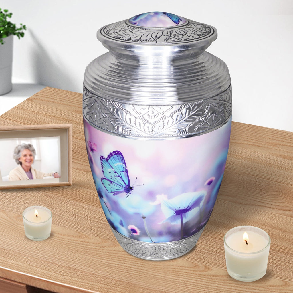 Full size aluminum urns for ashes, blue butterfly large adult memorial urn with candles and framed portrait