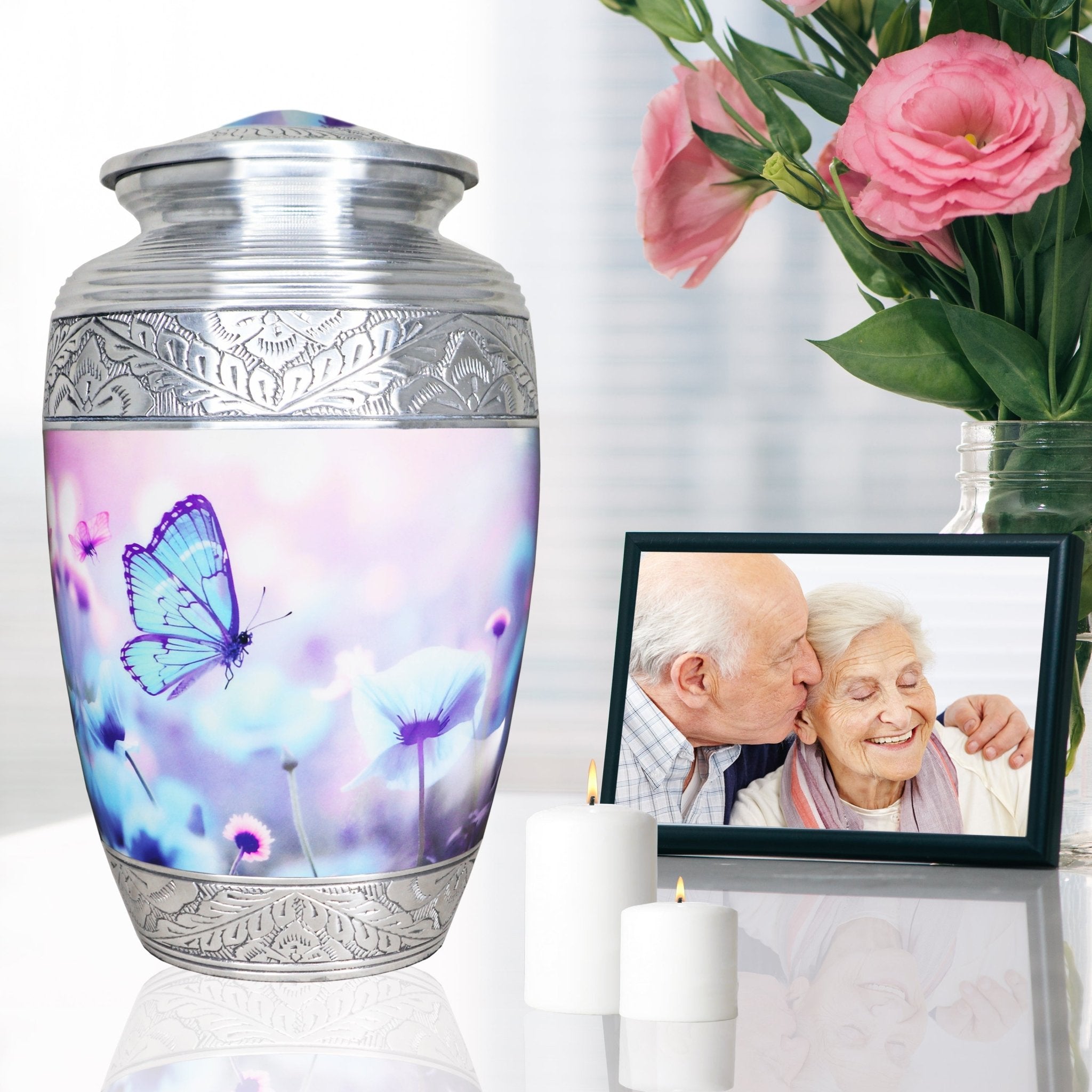 Decorative metal vessel keeping ashes in an urn, blue butterflies adult memorial urn with pink blooms and family photo