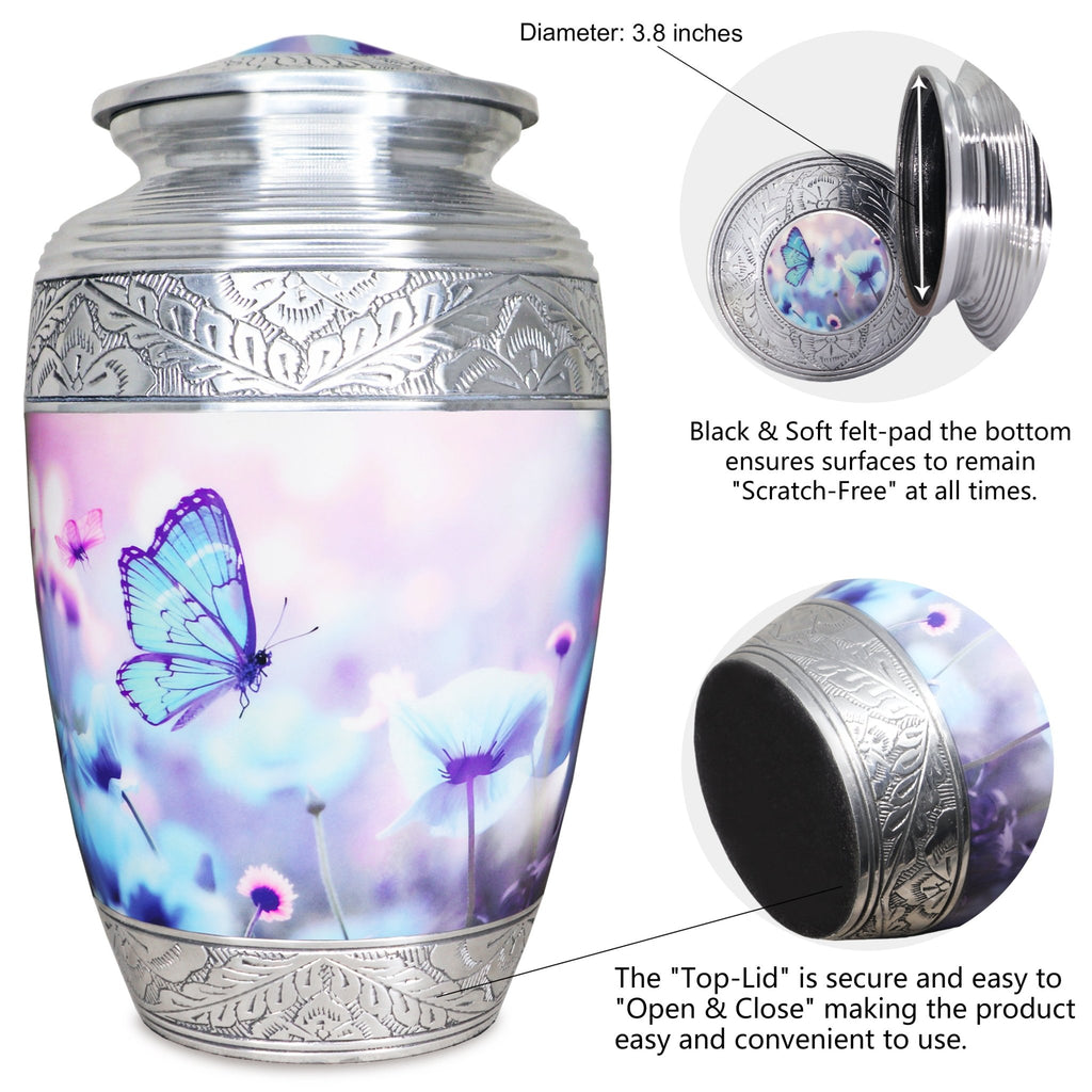 Large cremation containers, engraved blue butterfly floral adult urn with threaded seal lid detail illustration