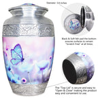 Large cremation containers, engraved blue butterfly floral adult urn with threaded seal lid detail illustration