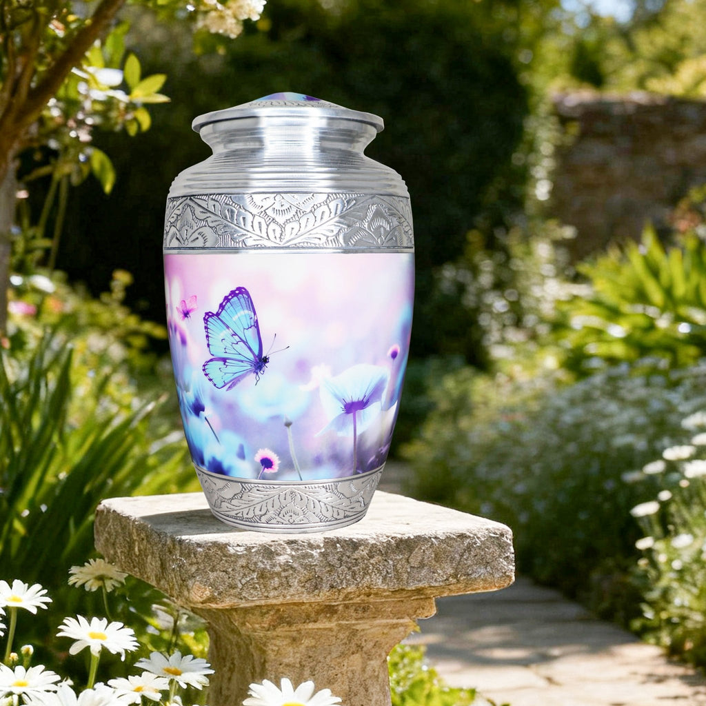 Weatherproof metal burial urns, blue butterflies adult urn set on garden stone amid lush green foliage