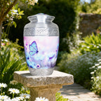 Weatherproof metal burial urns, blue butterflies adult urn set on garden stone amid lush green foliage