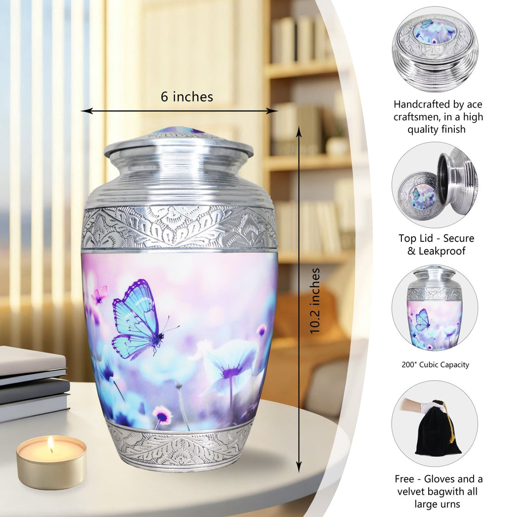 Engraved aluminum funeral urn, blue floral butterfly full size adult urn with size guide and full accessory kit