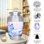 Engraved aluminum funeral urn, blue floral butterfly full size adult urn with size guide and full accessory kit