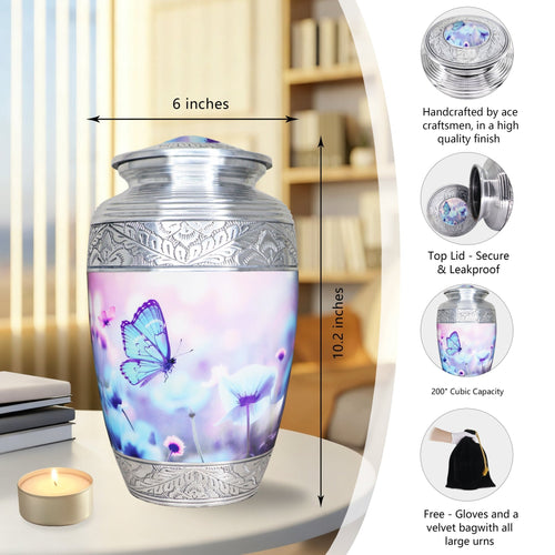 Engraved aluminum funeral urn, blue floral butterfly full size adult urn with size guide and full accessory kit