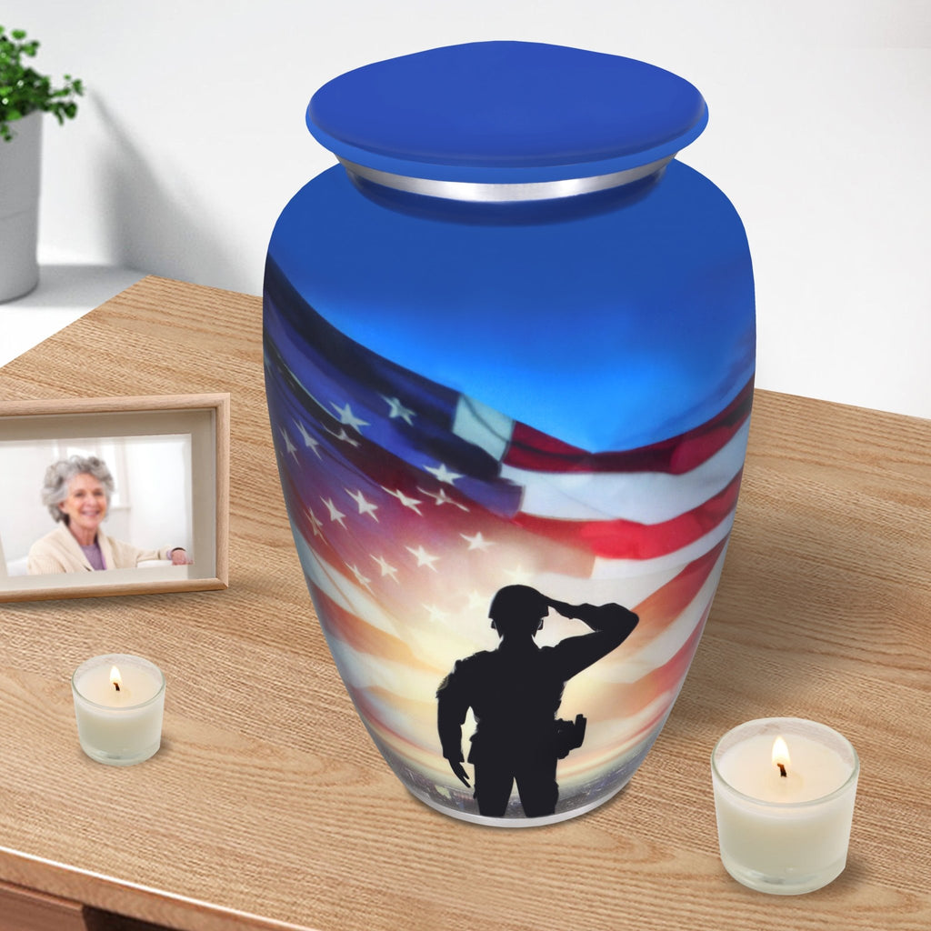 Elegant burial urn for adult human ashes, patriotic hero flag design blue aluminum memorial urn with secure threaded lid