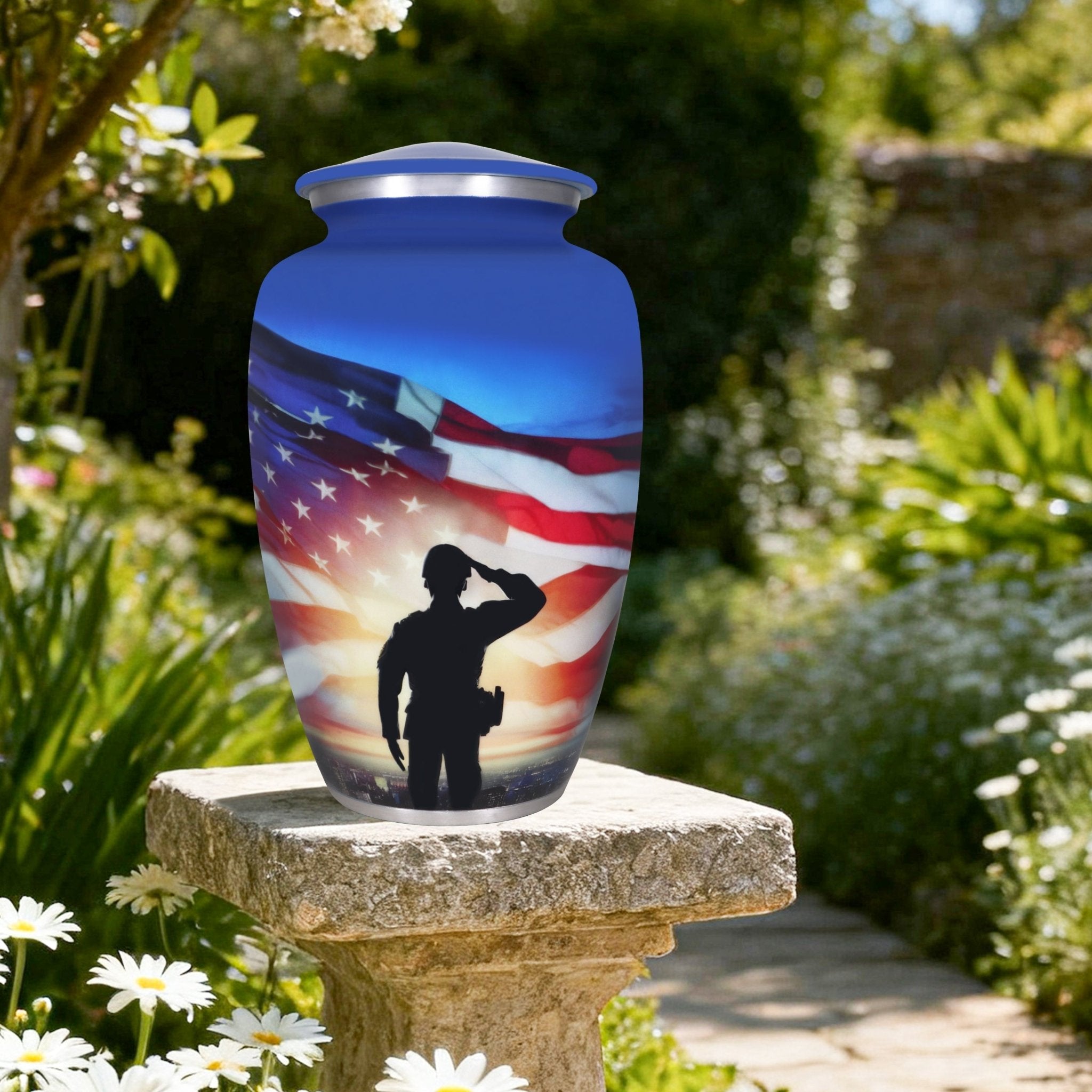 Large decorative cremation urn for human ashes, patriotic warrior blue aluminum urn with threaded lid for garden display