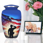 Modern funeral urn for mother and father, veteran patriotic flag design blue aluminum adult urn with threaded seal