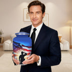 Cremation urn for ashes for adults male, war veteran patriotic flag design large blue aluminum urn with threaded top lid