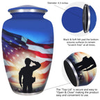 Aluminum cremation container for human ashes, patriotic serviceman flag design blue adult urn with airtight threaded lid