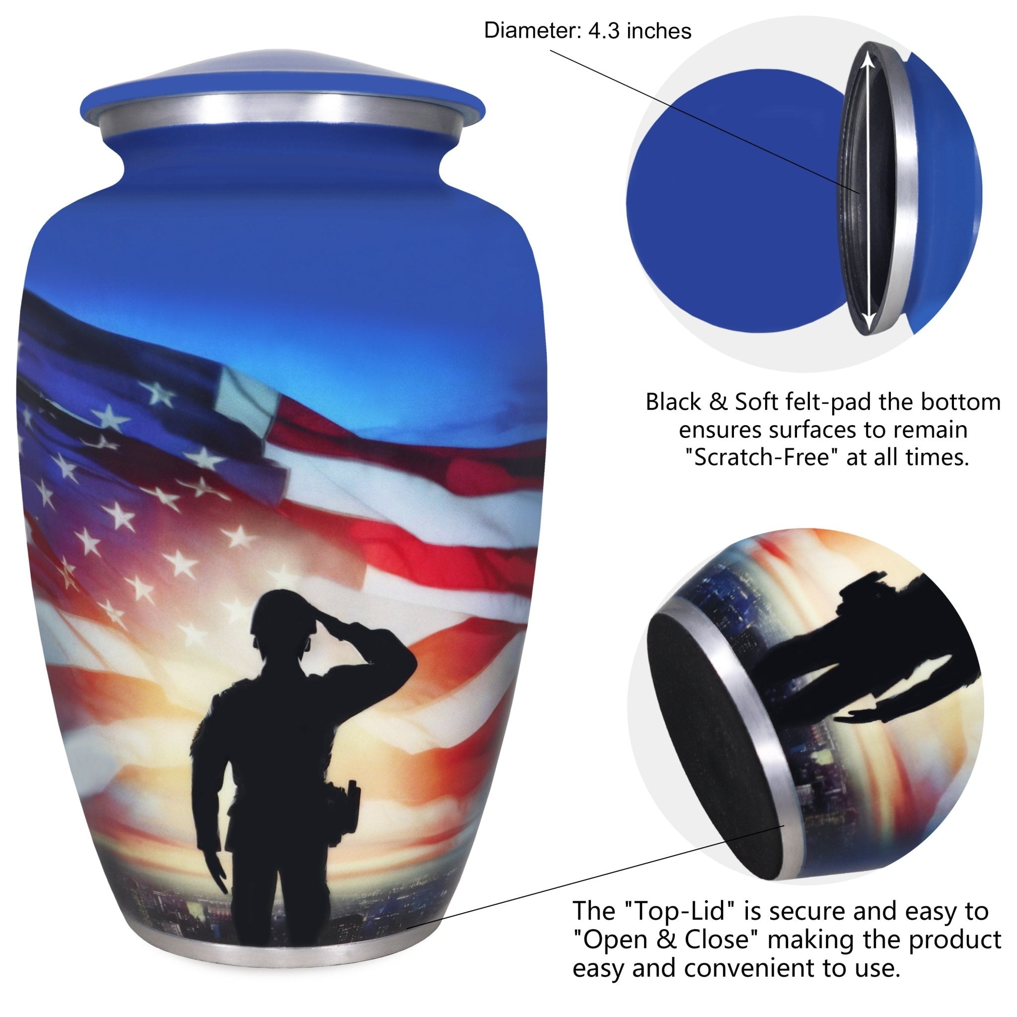 Aluminum cremation container for human ashes, patriotic serviceman flag design blue adult urn with airtight threaded lid