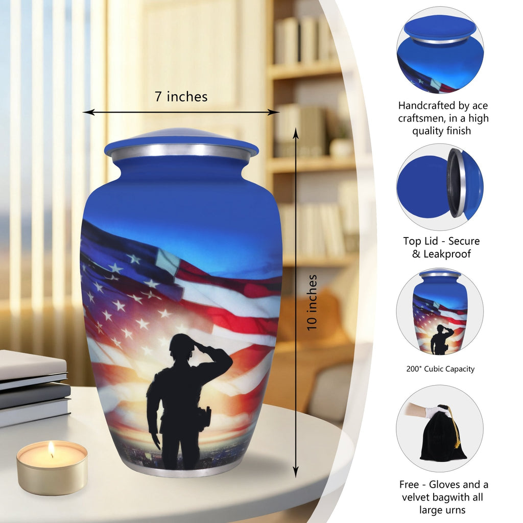 Unique full size cremation ashes urn, patriotic military US flag design blue aluminum urn for female and male adults