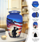 Unique full size cremation ashes urn, patriotic military US flag design blue aluminum urn for female and male adults