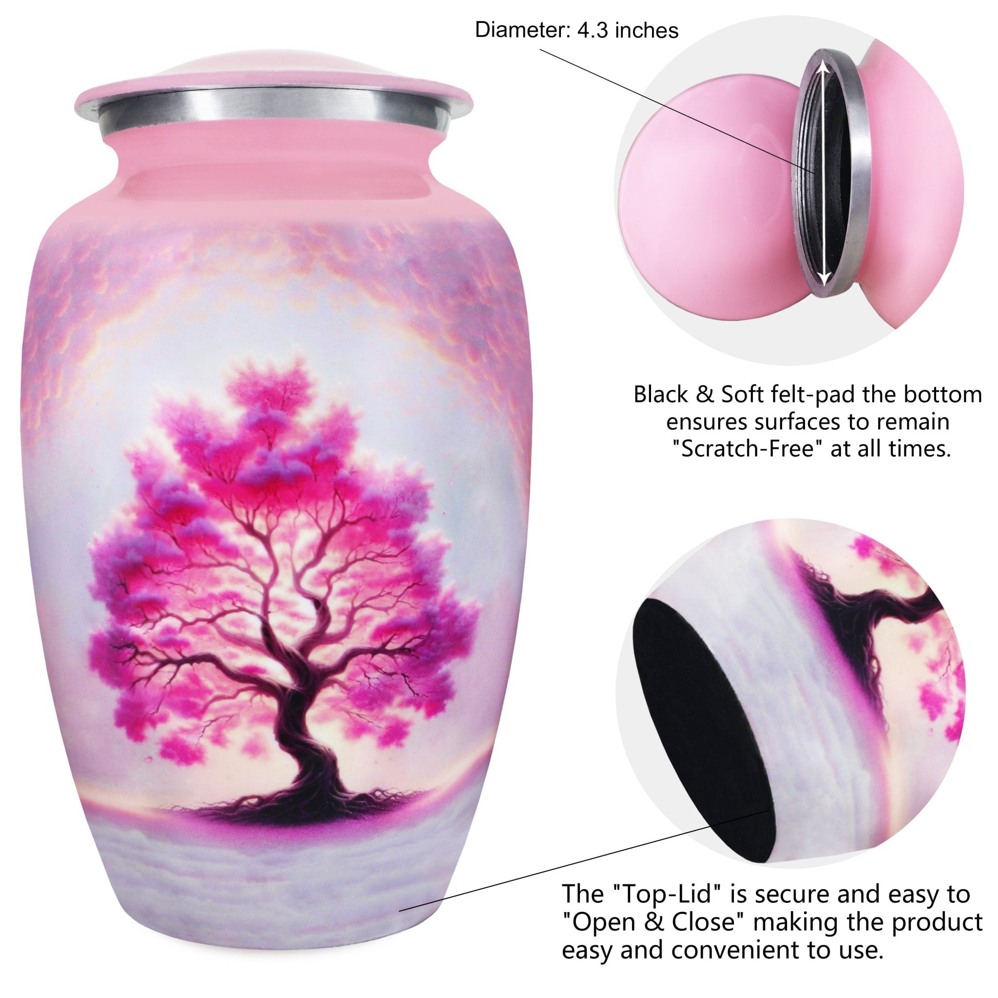 Cremation urns for human ashes with threaded lid, pink Tree of Life design and durable aluminum finish