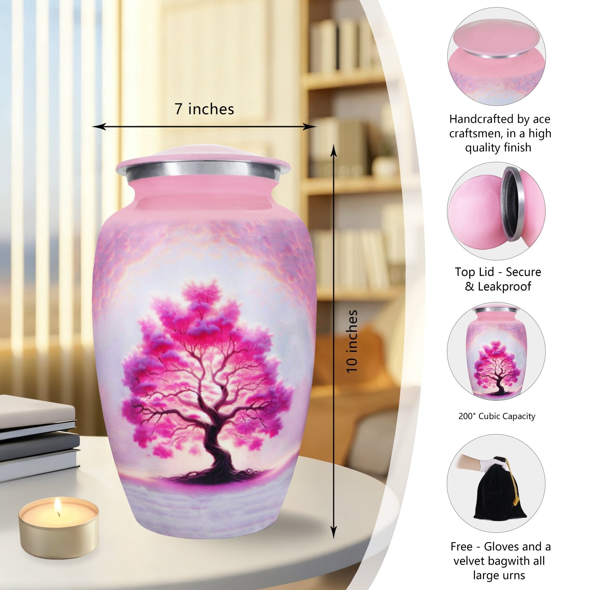 Cremation urns featuring a blooming Tree of Life, elegant craftsmanship and secure screw top