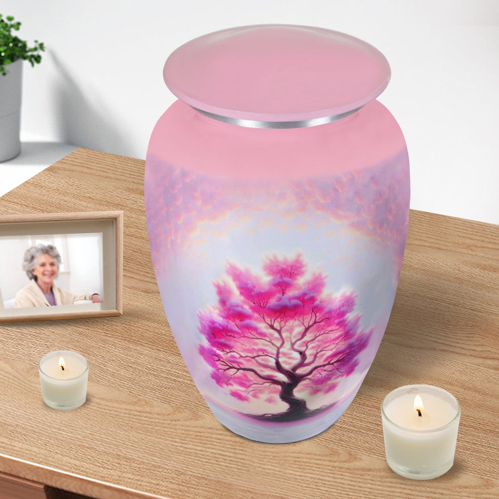 Funeral urn with pink Tree of Life resting beside candles, cherished remembrance for a loving wife