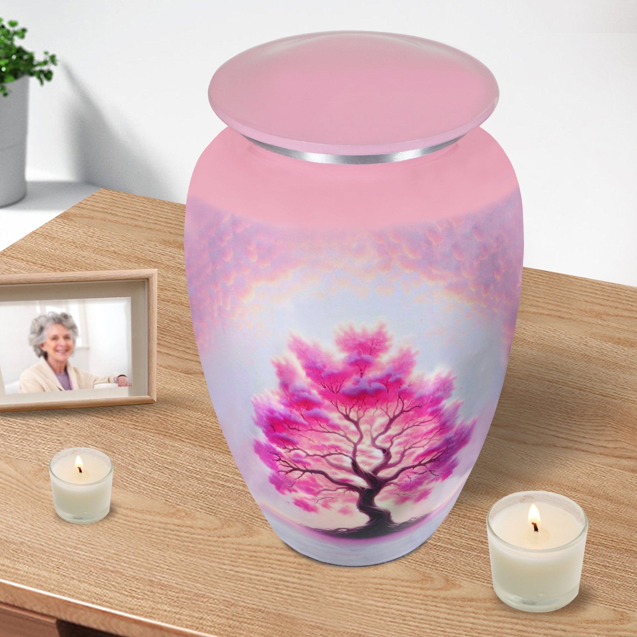 Funeral urn with pink Tree of Life resting beside candles, cherished remembrance for a loving wife