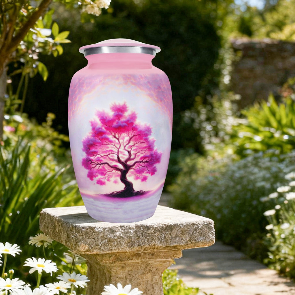 Burial urns with flowering Tree of Life displayed outdoors, honoring a devoted husband with dignity