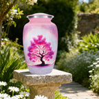 Burial urns with flowering Tree of Life displayed outdoors, honoring a devoted husband with dignity