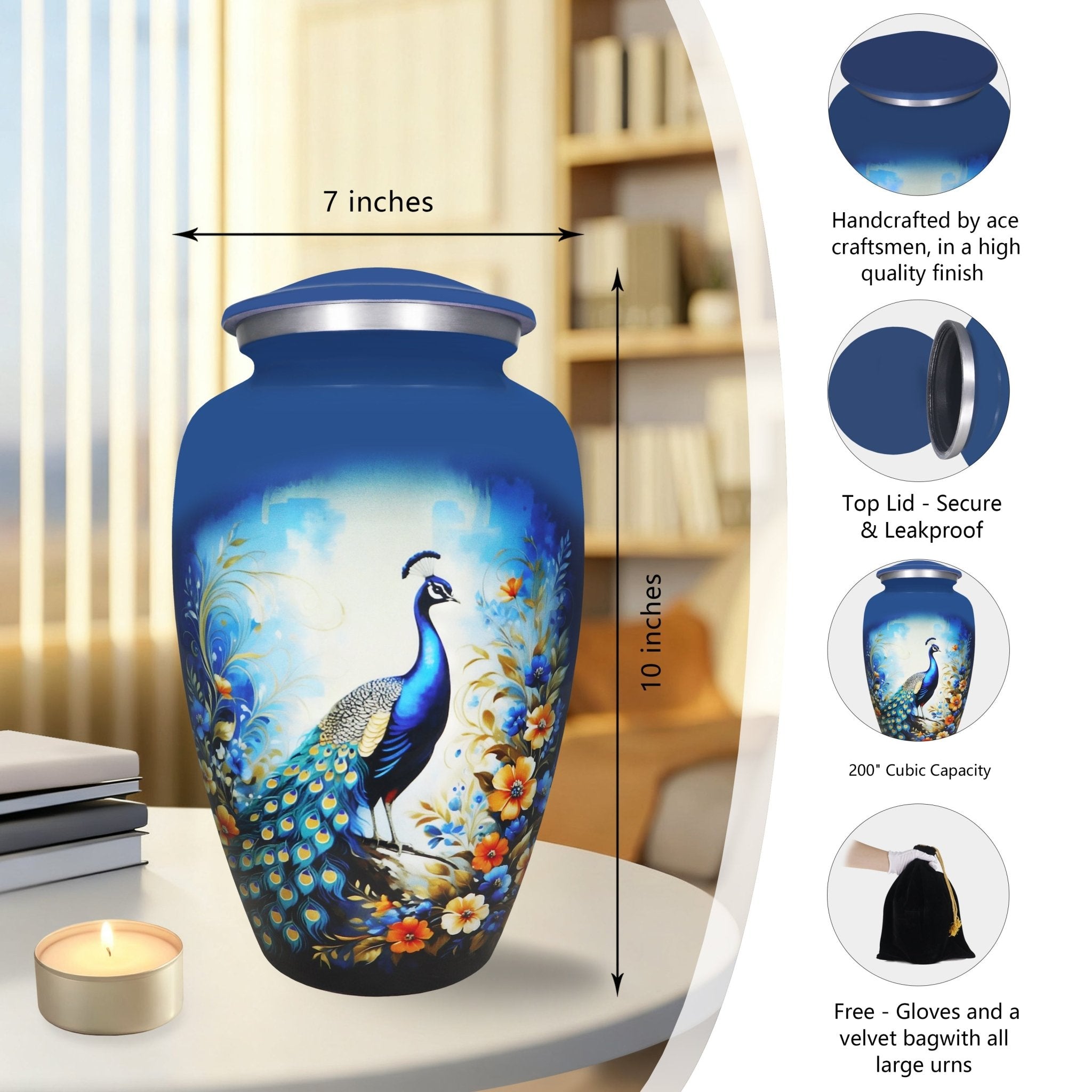 Cremation urns for human ashes featuring vivid peacock feathers, secure threaded lid and lasting craftsmanship