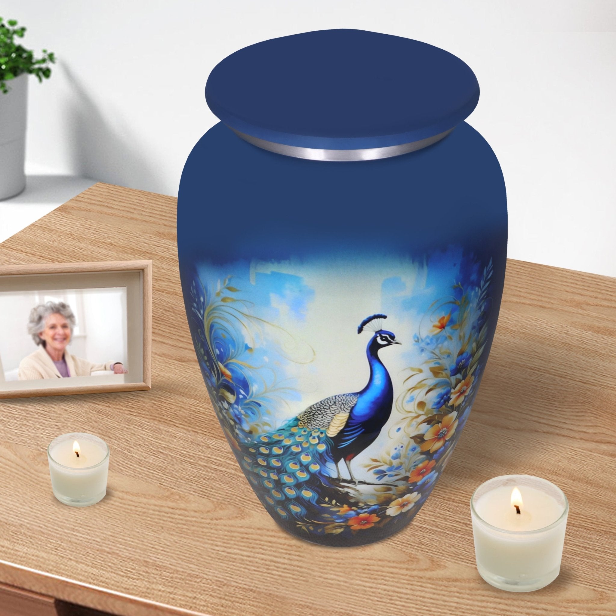 Urns for ashes for adults resting beside candles, offering peaceful comfort for a cherished mother's memory