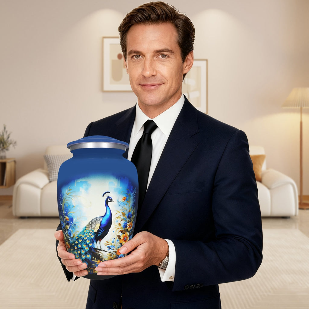 Cremation urns for adults presented with pride, celebrating a husband's life through graceful peacock artistry