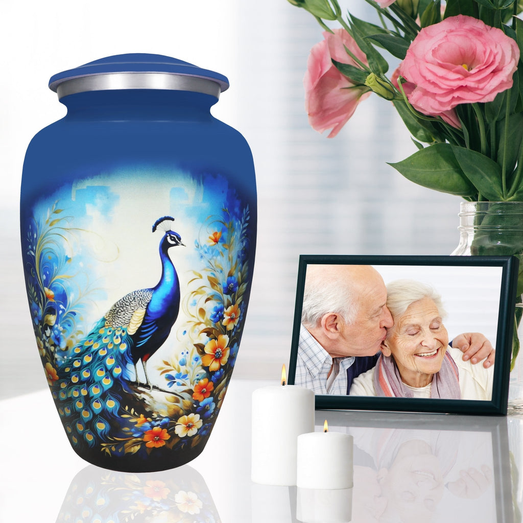 Urns for cremated remains displayed with roses and family photos, preserving precious memories of a loving wife
