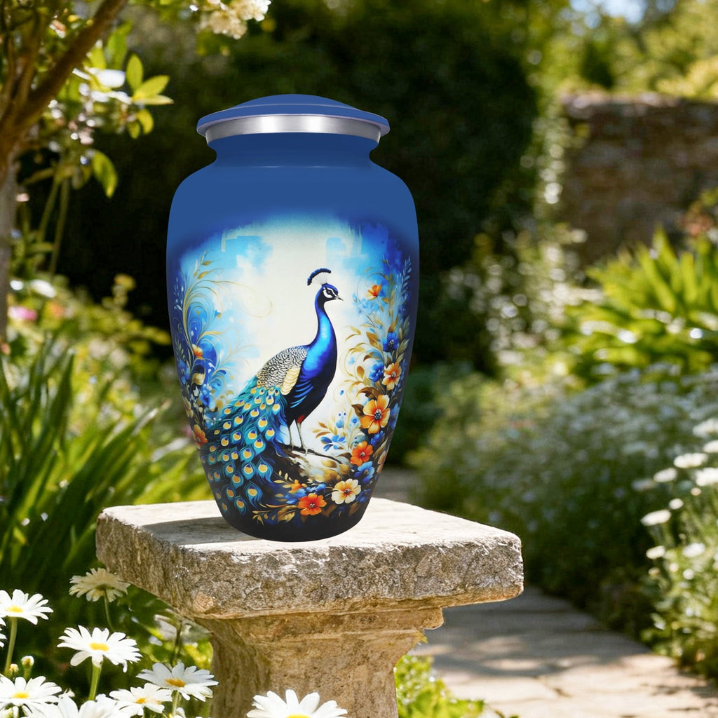 Burial urns surrounded by garden blooms, where elegant peacock artwork reflects a loved one's enduring spirit